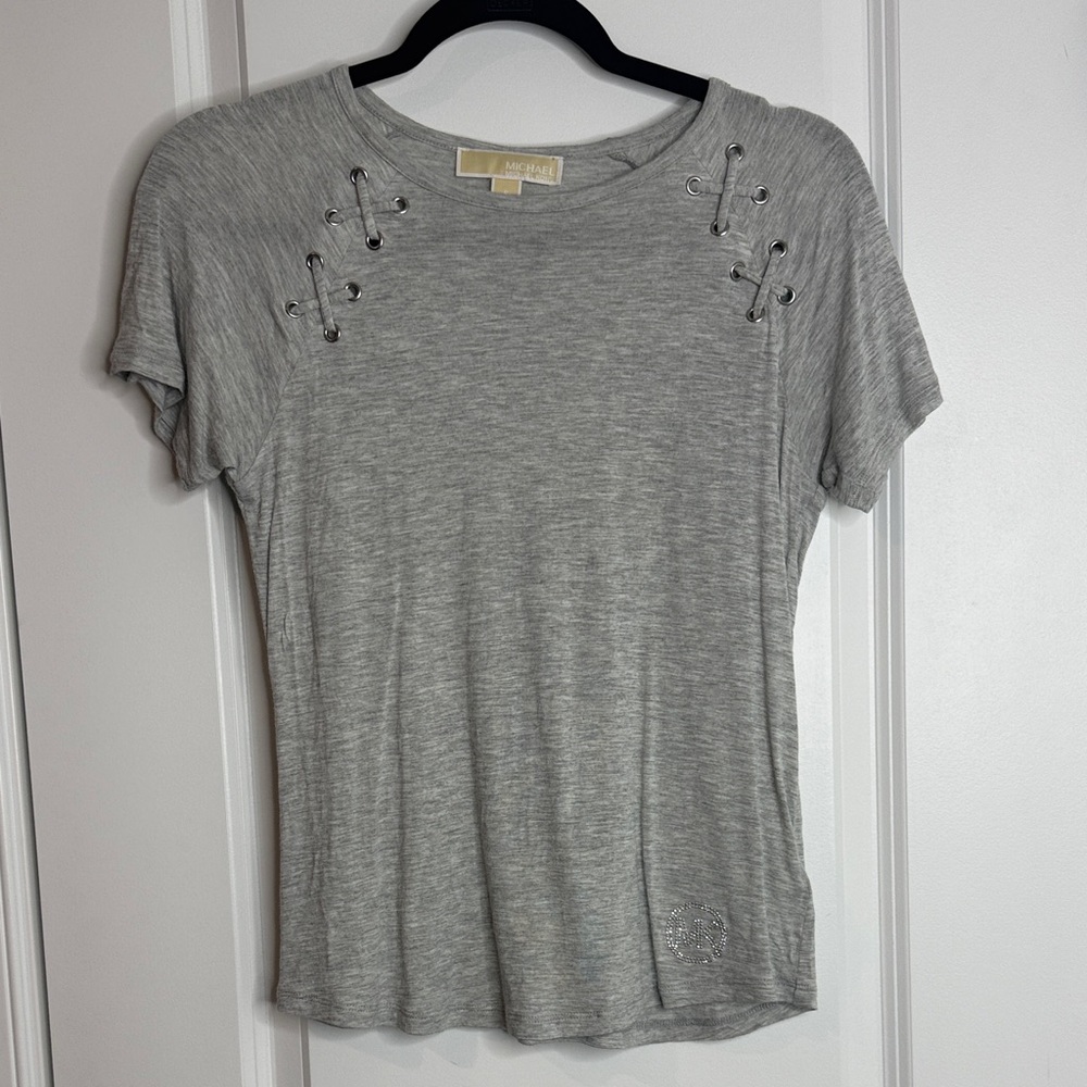 Michael Kors Light Gray Short Sleeve Lace-Up Eyelet Jersey Tee